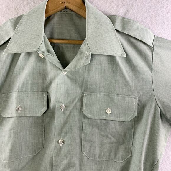 Vintage 70s Mens Military Workwear Button Shirt Sz M/L Sage Green Retro Mod - Picture 2 of 10